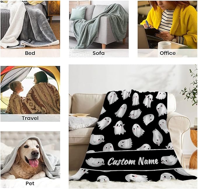 Custom Halloween Ghost Blanket | Personalized for Boys Girls | Plush Cozy Name Blanket | Halloween Decor Gifts | 60"x80"-Adults/Twin Size
