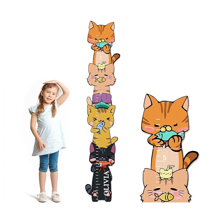 Personalized Name Growth Chart for Wall, Kitten Eating Fish Wooden Height Chart, Thick Height Measuring Board for Boys and Girls, Measurement Ruler for Kids, Easy to Install