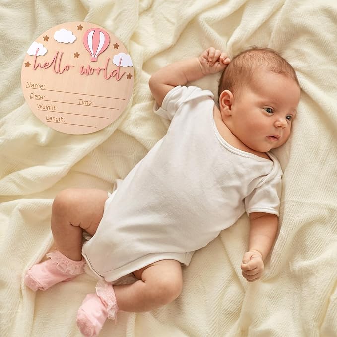 Hello World Newborn Sign with Pen - 6 Inch Wooden Baby Announcement Sign for Hospital Birth Photos, Gender Reveal, Newborn Announcement Sign Keepsake, Hot Air Balloon & Cloud Design(Pink)