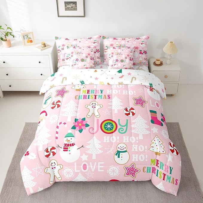 Christmas Kids Bedding Set Cartoon Snowman Gingerbread Man Comforter Set with Sheets for Boys Girls Christmas Tree Decor Bed in a Bag Pink Xmas Theme Bed Set 7Pcs Queen Size