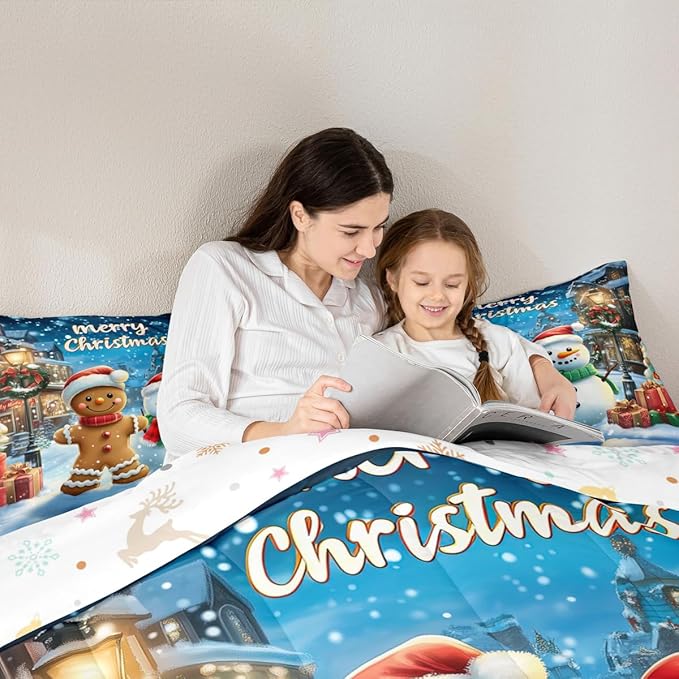 Gingerbread Man Girls Bedding Set Twin Size,Cute Snowman Merry Christmas Comforter Set,Snowflake Winter Xmas Poinsettia Quilt Comforter Girls Boys Teens,Blue Brown Room Decor All Season,1 Pillowcase