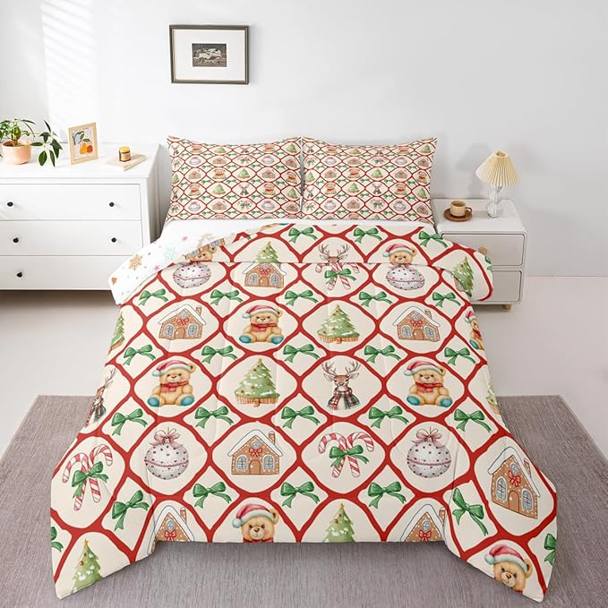 Merry Christmas Kids Comforter Set Queen Size,Kawaii Bowknot Xmas Bear Bedding Set,Room Decor,Pine Tree Geometric Lattice Quilt Comforter,Beige Red Green Duvet Set Bedroom Quilt Set,2 Pillowcases