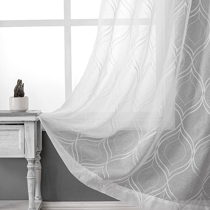 VISIONTEX White Sheer Curtains 95 Inches Long 2 Panels Set Moroccan Embroidered Curtains Trellis Decor French Textured Rod Pocket Voile Tulle Semi Window Drapes for Bedroom Living Room 54 x 95 Inches
