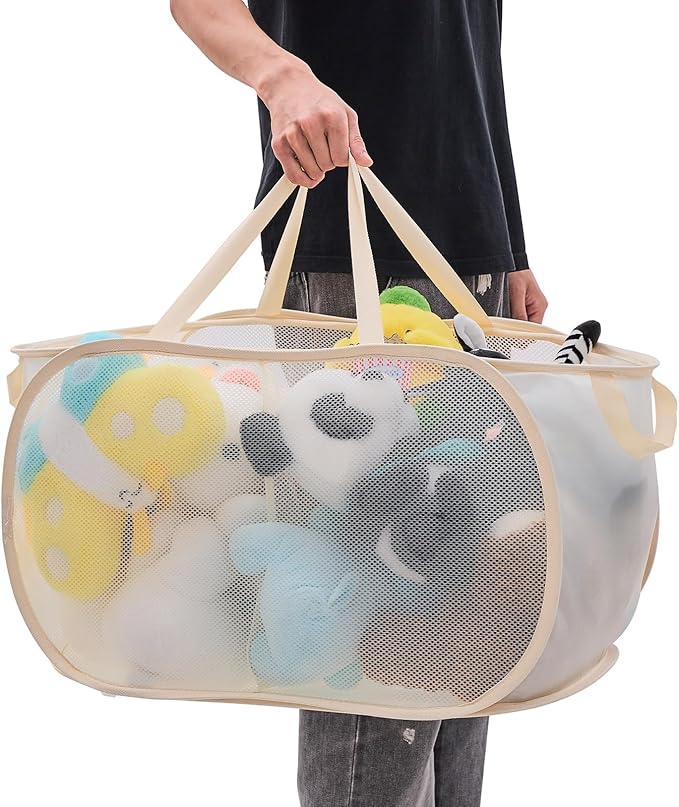 Large Toys Storage Basket Organizer Box for Kids, Boys, Girls - Foldable Toy Storage Bins with Dividers & 2 Sturdy Handles for Living Room, Bedroom, Playroom, Kidsroom (Beige, 2 Compartments)