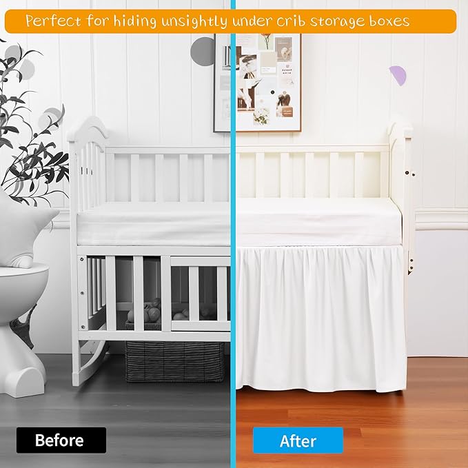 Crib Bed Skirt Dust Ruffle 100% Cotton - Natural, Soft, Breathable for Baby's Delicate Skin, Nursery Toddler Crib Bed Skirt for Baby Boys Girls, Fits Standard Cribs 28" x 52" with 14" Drop