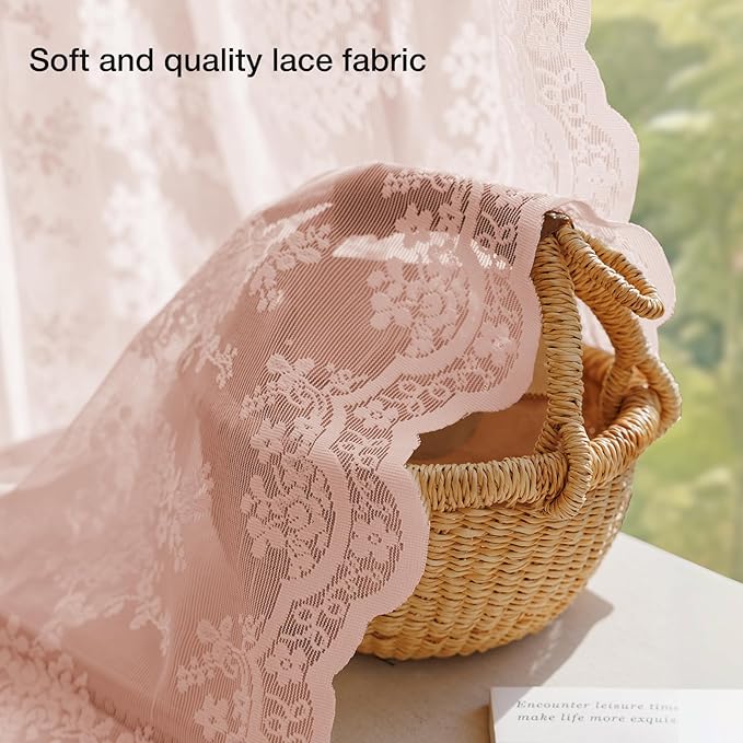 Anmao Vintage Lace Curtains 54 Inches Long 2 Panels Set, Romantic Elegant Light Filtering Semi Sheer Floral Thick Lacy Curtain Drapes for Living Room and Bedroom, Each Panel 55W x 54L, Blush Pink
