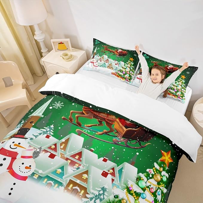 Manfei Christmas Duvet Cover Set King Size, Snowman Xmas Tree Comforter Cover with 2 Pillowcases, Santa Claus with Deer Bedding Set for Kids Boys Girls New Year Theme Bedspread Cover, No Comforter
