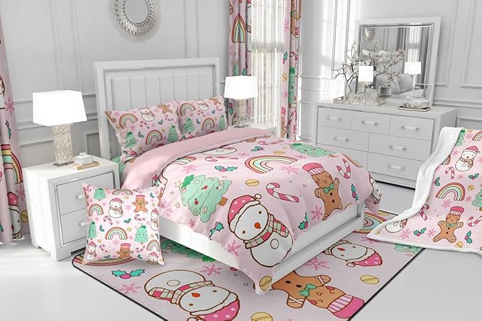 Feelyou Christmas Kids Comforter Set King Size Merry Christmas Tree and Snowman Bedding Set Gingerbread Man Duvet Quilt for Kids Boys Girls Bedroom Rainbow Print Decor Snowflake Ultra Soft Breathable