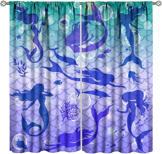 Mermaid Kids Girls Curtains Fantasy Mermaid Silhouette Ocean Theme Beautiful Blackout Window Treatment for Girls Bedroom Nursery Room Decor Rod Pocket Window Drapes 42" W X 63" L