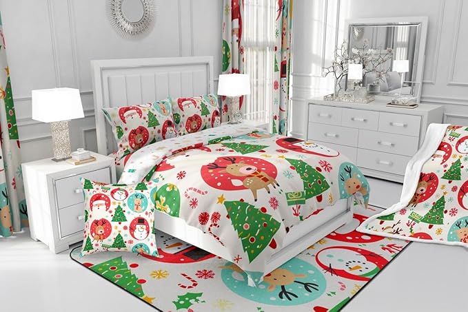 Feelyou Christmas Bedding Set Soft for Boys Girls, Santa Snowman Comforter Set Twin Size Deer Xmas Tree Duvet Quilt Microfiber Snowflake Bedroom Decor 2 Pcs with 1 Pillow Cases