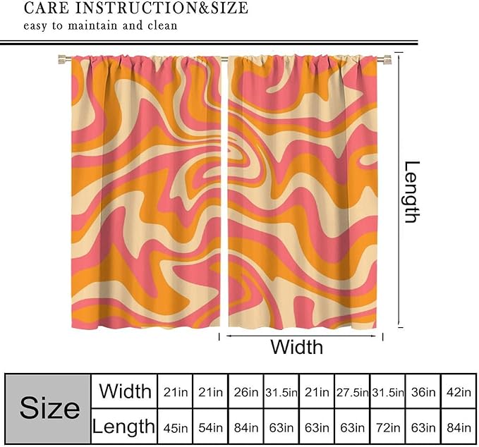 Abstract Wavy Swirl Curtains,60s 70s Groovy Aesthetic Retro Boho Orange Pink Abstract Curtains for Girls Bedroom Living Room Window 63"" W X 63"" L, Style-2