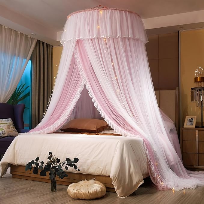 AIKASY Princess Bed Canopy for Girls & Adults, Elegant Double-Layer Bed Curtain, Children's Dream Round Lace Mosquito Net - Fits Twin, Full, Queen, and King Beds(Pink/White)