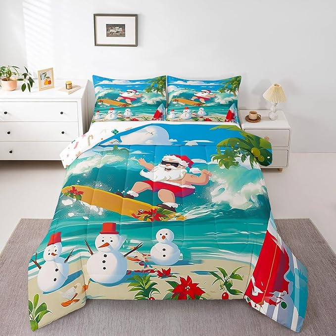 Manfei Christmas Comforter Set King Size, Santa Claus Surfing Theme Bedding Set for Kids Boy Girl Room Decor, Beach Snowman Down Comforter for All Season, Soft Polyester Quilt Set, 2 Pillowcases