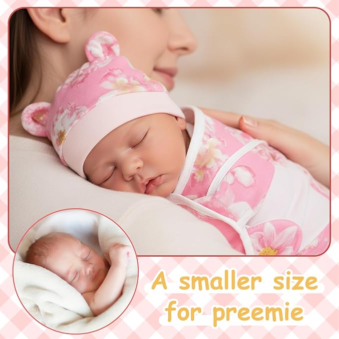 Ramede 6 Pack Preemie Swaddle Blanket with Hats Sleep Swaddle for Baby Boy Girl Preemie Newborn Sacks Soft Cotton Wearable (Flower,Colorful)