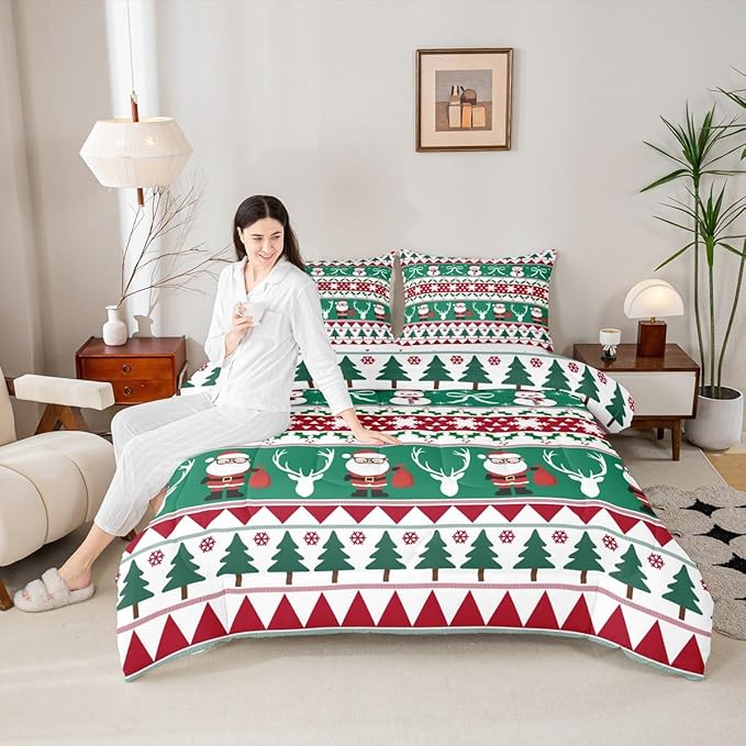 Feelyou Merry Christmas Tree Comforter Set King Size Cute Snowman Bedding Set for Kids Boys Girls Santa Claus Duvet Quilt Cartoon Bowknot Bedroom Decor Microfiber 3 Pcs with 2 Pillow Cases
