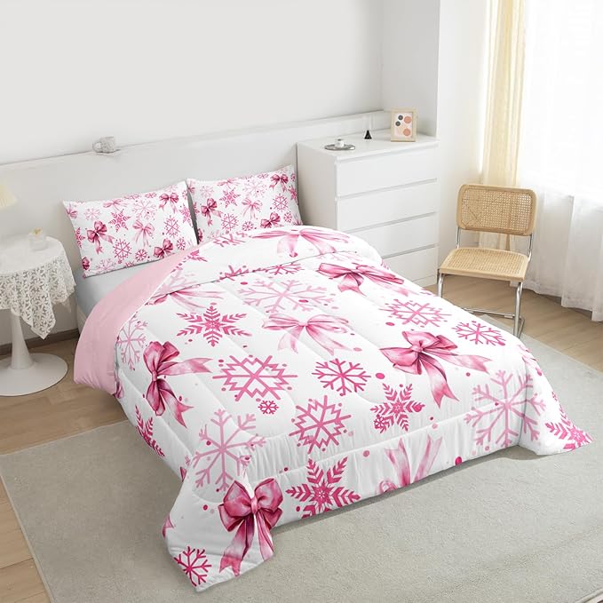 Cute Bow Tie Kids Bedding Set Queen Size,Girly Bowknot Snowflake Dots Comforter Set,Merry Christmas Winter Princess Quilt Comforter,Pink White Bedroom Duvet Insert,2 Pillowcases