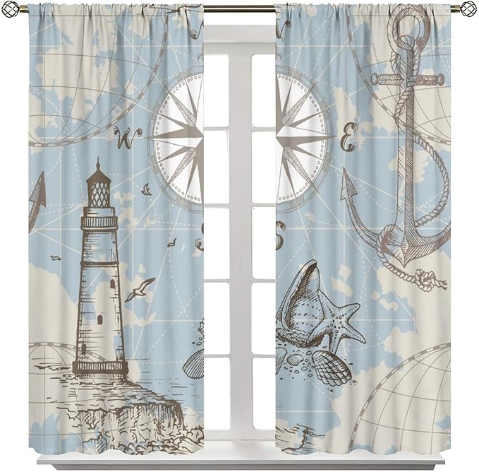 BAEKJIN Nautical Costal Curtains, Compass Lighthouse Anchor Sailboat Pattern Print Decor Home Bedroom Living Room Window Treatments 2 Panel Set 42x45 Inch