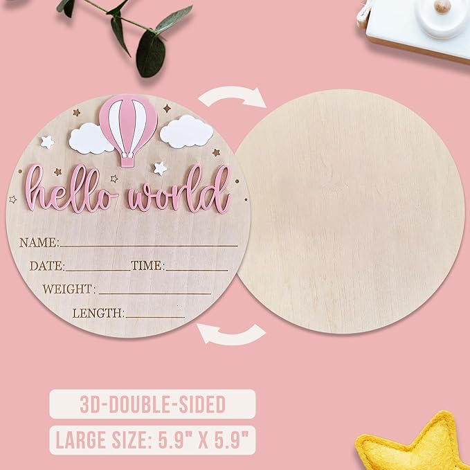 Wood Baby Birth Keepsakes Plaques Hello Worlds Welcome Sign Customizable Nursery Wall Decors for Newborns