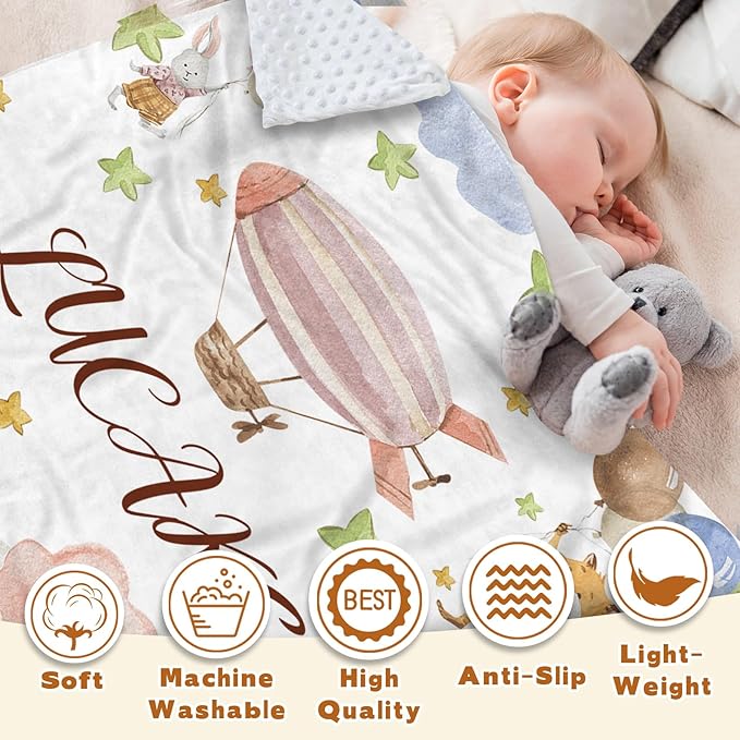 Personalized Baby Blanket for Girls, Custom Name Blanket for Newborn New Mom, Soft Flannel with Double Layer Dotted Backing, Gifts for Baby Shower Christmas Birthday, Hot Air Balloons(30”x40)