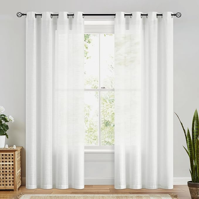 FMFUNCTEX Linen Semi Sheer Curtains for Bedroom, White Curtains 96 Inches Long for Living Room, Country Farmhouse Sheer Drapes, Light Filtering Window Curtain, Grommet Top 2 Panels