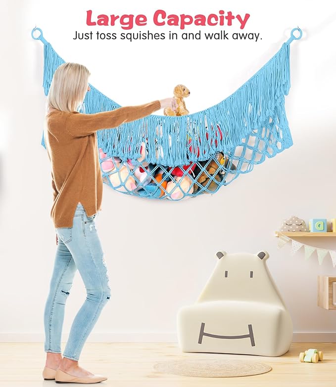 Stuffed Animal Hammock - Extra Large 63'' Long, Stuffed Animal Storage, stuffed animal Holder net, Toy Hammock Large, Toy Storage Hanging Organizer - Blue
