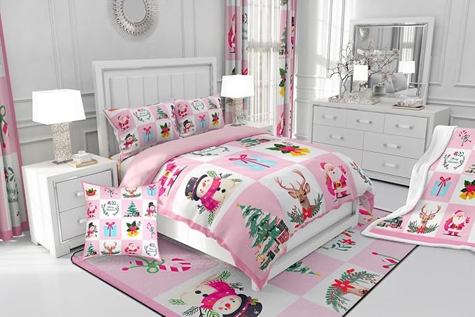 Erosebridal Merry Christmas Comforter Set for Kids Christmas Tree Quilt Twin Size with 1 Pillow Case Santa Claus Xmas Decor Bedding Set Kawaii Snowman Bedding Comforter Sets,Pink