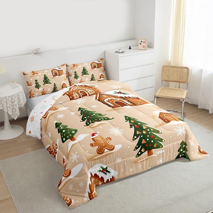 Feelyou Christmas Bedding Set Soft for Boys Girls, Gingerbread Man Comforter Set Queen Size Snowflake Duvet Quilt Microfiber Xmas Tree Bedroom Decor 3 Pcs with 2 Pillow Cases