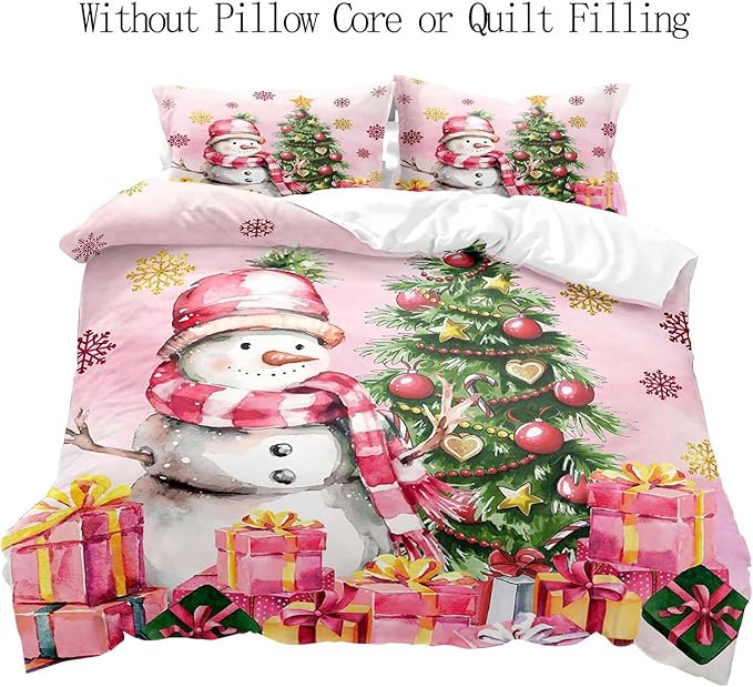 LUVIVIHOME 3PCS Snowman Duvet Cover Full Bedding Set, Pink Duvet Cover, Kids Teens Girls Bedding, Christmas Tree Snowflake Holiday New Year Xmas Gifts Christmas Comforter Quilt Cover, 2 Pillow Shams
