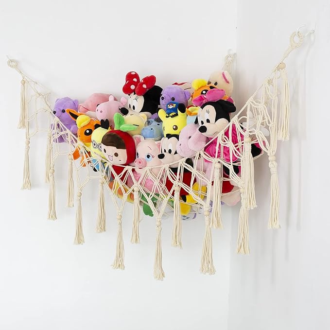 Stuffed Animal Net or Hammock - Macrame Toy Storage, Plush Organizer, Corner Hanging Net, Boho Nursery for Kidroom Playroom - Cream