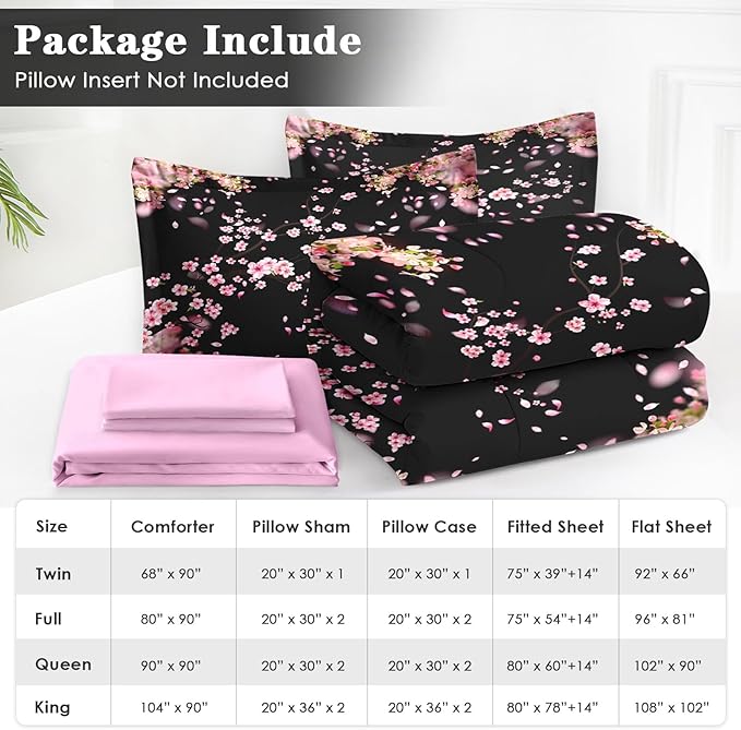 7 Pcs King Size Comforter Set with 2 Pillowcases & 2 Shams, Tree Flower Floral Bedding for Kids and Adults, Pink Cherry Blossom Bed in a Bag with Flat Fitted Sheet