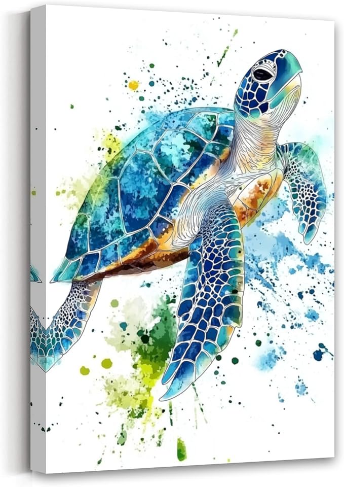 AWPANERAR Sea Turtle Wall Art Bathroom Pictures Watercolor Sea Life Canvas Prints Ocean Animal Poster Nautical Theme Artwork for Kids Room Nursery Decor Framed (White, (30L x 20W))