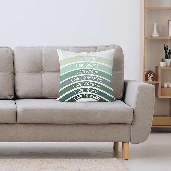 QIYUHOY Boho Sage Eucalyptus Green Rainbow Classroom Throw Pillow Covers, Olive Green Pillow Cover, Book Center Calming Corner Playroom Decor Pillow Case,I Am Kind Smart Brave Confidence,22x22 Inch