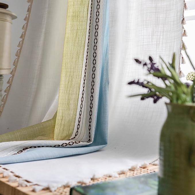 Deeprove Boho Linen Curtains 96 inch Long for Bedroom Living Room, French Retro Farmhouse Tassels Window Treatment Bohemian Embroidery Drape Rod Pocket 1 Panel 52" W x 96" L, Blue and Sage Green