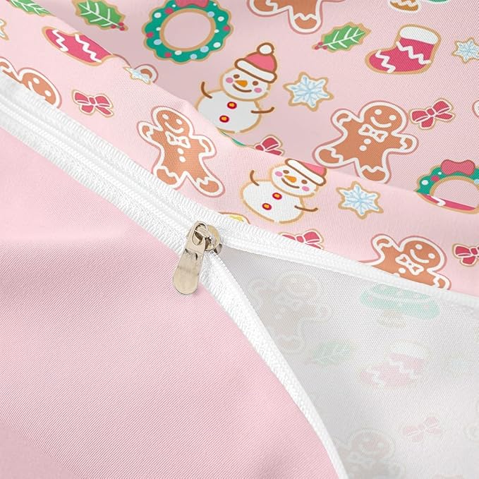 Christmas Comforter Cover Cartoon Snowman Christmas Tree Bedding Set Gingerbread Man Xmas Theme Duvet Cover for Kids Boys Girls Microfiber Pink Bedspread Cover Room Decor Bedclothes Queen Size