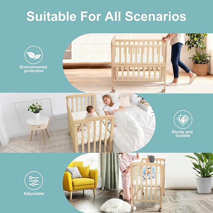 Portable Mini Baby Crib - Convertible Baby Cribs with Soft Foam Mattress(33 * 20"),6 Heights Bedside Bassinet Sleeper,Wheeled Bedside Crib Co Sleeper for Small Space,Unpainted
