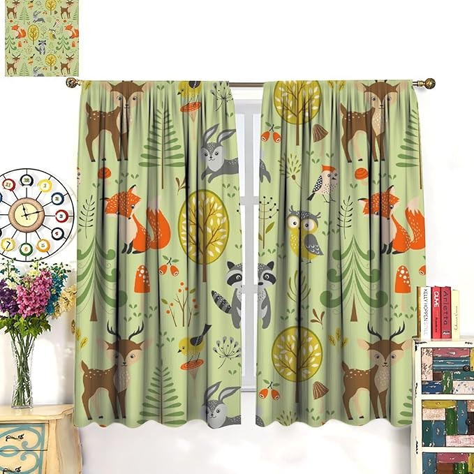 Cute Animals Curtains, Fox Bear Cartoon Wild Animals Blackout Window Treatments, Rod Pocket Thermal Insulated Drapes 2 Panel Sets for Kids Bedroom Nursery Classroom, 42" W X 63" L