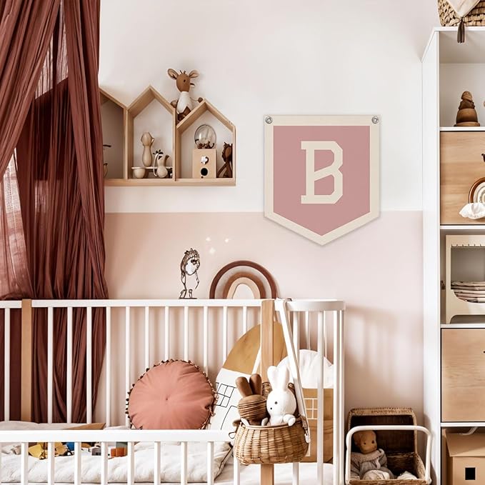 Lacama Pink Initial Personalized Preppy Banner, Baby Girl Nursery Decor, Initial Pennant，Letter B Banner Flag，Vintage Room Decor Toddler Room Bedroom Playroom Front Door Birthday Christmas Gift(B)