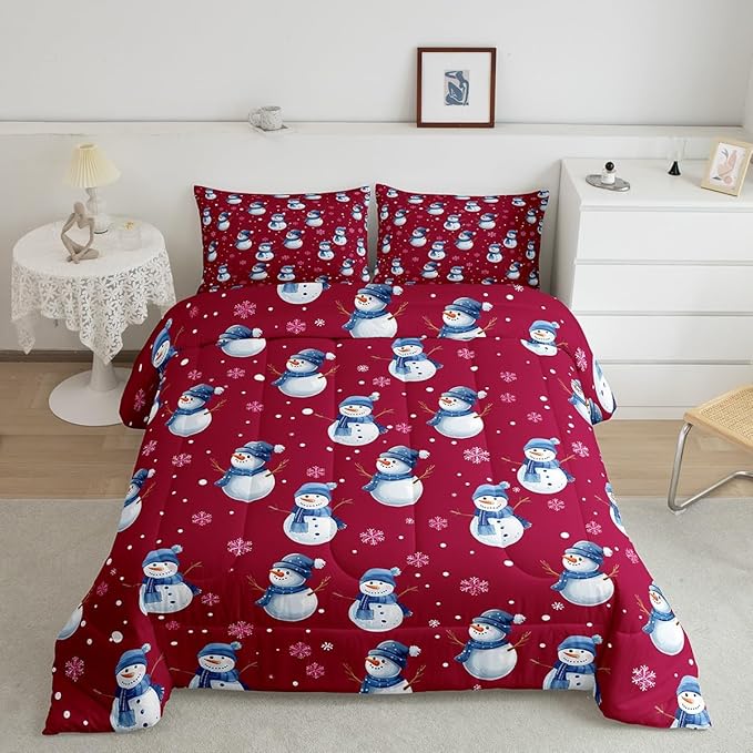 jejeloiu Kids Cute Winter Snowman Comforter Set King Size Red Christmas Theme Bedding Set for Boys Girls Teens Xmas Snowflake Happy New Year Duvet Quilt Room Decor