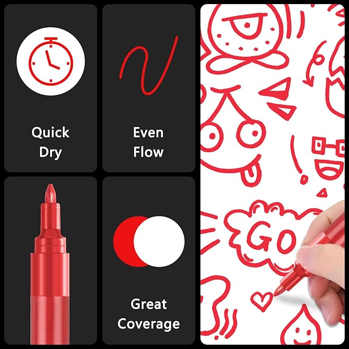 SFAIH Acrylic Red Paint Pens - 8 Pack 2-3MM Medium Tip & 0.7MM Extra Fine White Paint Marker for Rock Painting, Wood, Metal, Fabric, Canvas, Glass, Ceramic, Diy Crafts