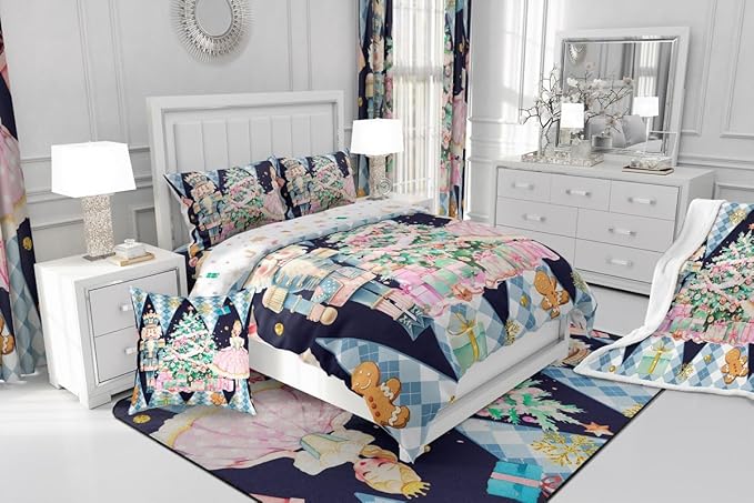 jejeloiu Christmas Nutcracker Comforter Set Full Size Gingerbread Man Bedding Set for Kids Boys Girls Xmas Tree Duvet Quilt Dark Blue Bedroom Decor