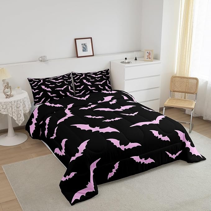 Erosebridal Halloween Bedding Set Toddler Size for Kids Boys Youth Pink Bats Comforter Set Happy Holiday Gothic Quilt with 1 Pillow Case Spooky Animal Bedding Comforter Sets