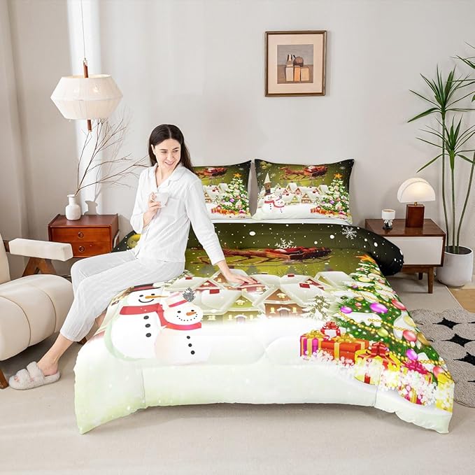 Manfei Christmas Comforter Set King Size, Xmas Tree Snowman Quilt Set with 2 Pillowcases, Santa Claus with Deer Bedding Set 3pcs for Kids Boys Girls Room Decor New Year Theme Duvet Insert