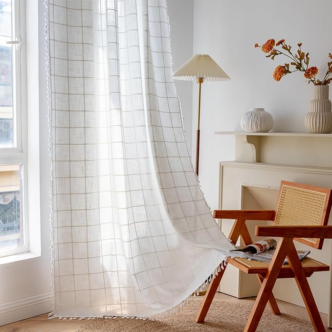 Deeprove White Boho Curtains for Bedroom 96 Inches Long, Cream Checkered Bohemian Chic Textured Embroidery Plaids, Vintage Handmade Tassels Country Decor Drapery, Rod Pocket, 1 Panel W52 x L96