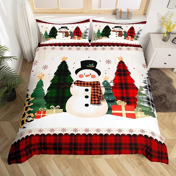 Manfei Snowman Duvet Cover Set Twin Size, Xmas Leopard Plaid Trees Snowflake Comforter Cover with 1 Pillowcase, Christmas Theme Bedding Set 2pcs for Kids Girl New Year Bedspread Cover,No Comforter