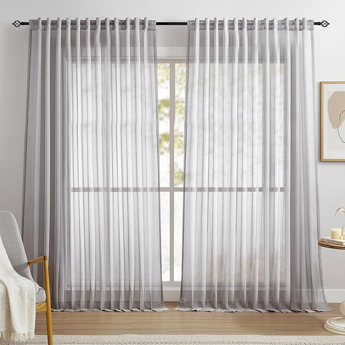 Dreaming Casa Grey Sheer Curtains 96 Inches Long, Rod Pocket & Back Tab Light Filtering Textured Sheers for Living Room Bedroom, 2 Panels, Each 100" W x 96" L