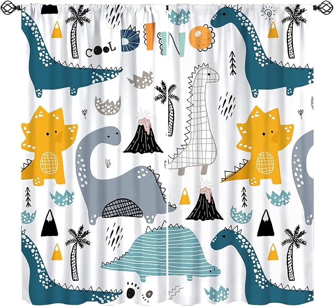 Dinosaur Curtains, Cartoon Dino Cute Safari Animal Print Pattern Blackout Window Treatments, Rod Pocket Thermal Insulated Drapes 2 Panel Sets for Kids Boys Bedroom Nursery Classroom, 42" W X 63" L