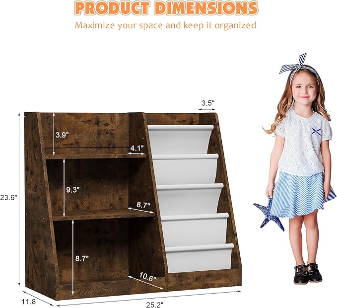 NACHES 3 Tier Kid Bookshelf Wooden 4 Sling Children Bookcase Adjustable Toddler Book Rack Display Toy Storage Organizer Book Display Shelf Stand Classroom Bedroom Nursery Playroom,25 inch(Rustic)