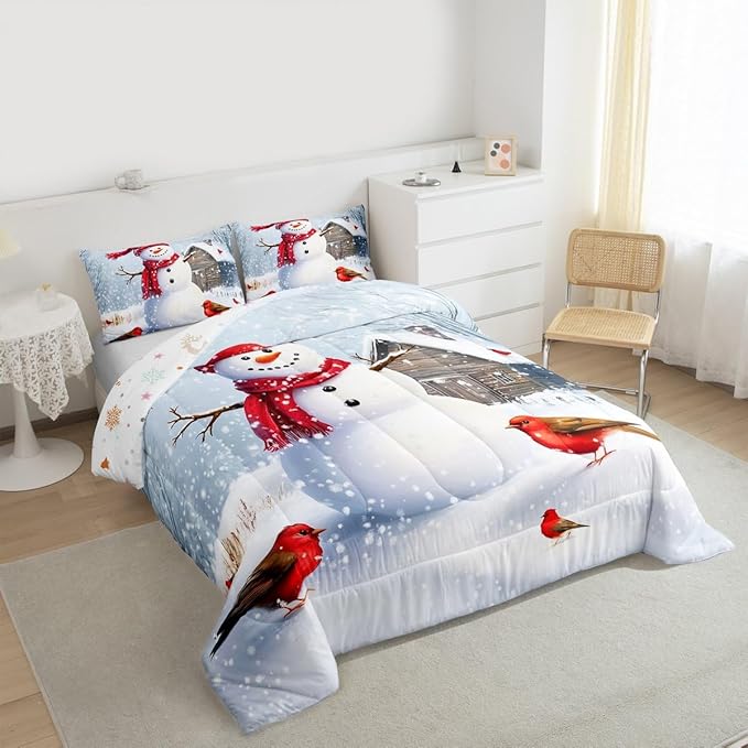 Feelyou Merry Christmas Comforter Set All Season Cute Snowman Bedding Set with 2 Pillow Cases Snowflake Microfiber Kids Queen Bedclothes Winter Bedroom Decor Duvet Quilt Breathable Soft Lightweight