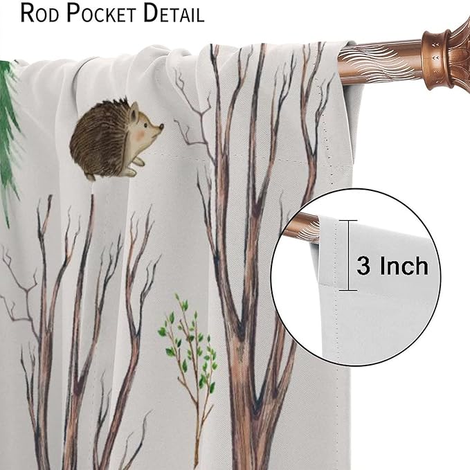 Forest Animal Kids Curtains, Watercolor Cartoon Window Treatments, Cute Animal Floral Girl Toddler Home Bedroom Living Room Drapes 55x63in