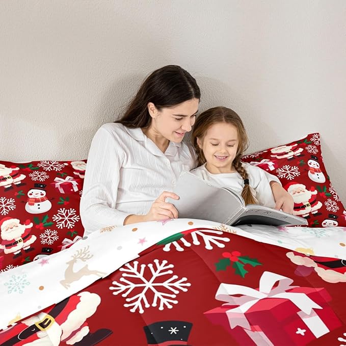 jejeloiu Merry Christmas Comforter Set Toddler Size Xmas Santa Claus Bedding Set for Kids Boys Girls Cute Snowman Duvet Quilt Red Bedroom Decor